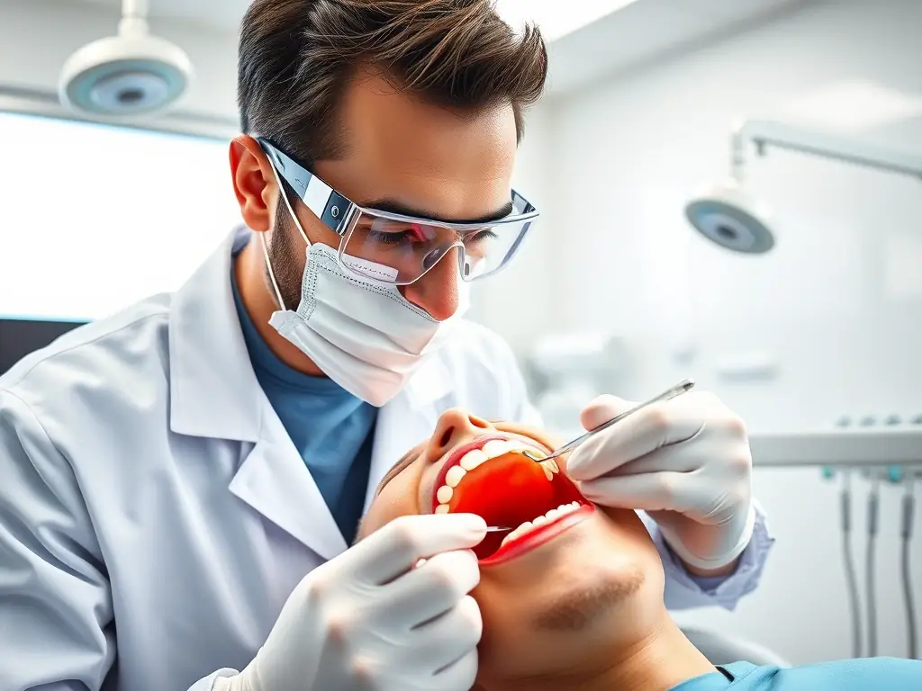 A dentist using modern dental equipment during a check-up, showcasing the clinic's commitment to using advanced technology.